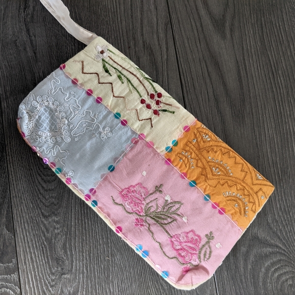 Boho Patchwork Embroidered Fabric Clutch Sequins Orange Pink Cream - Picture 6 of 6